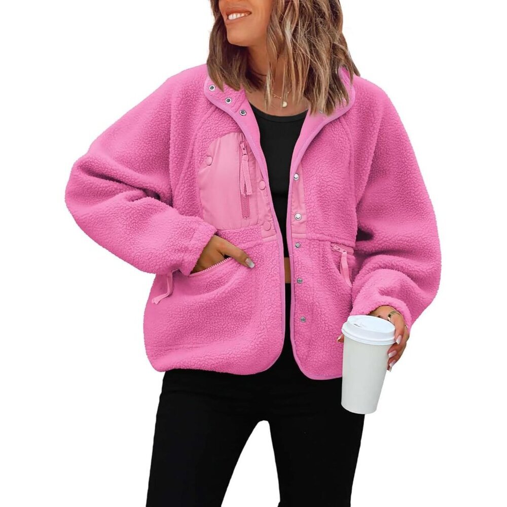 Womens Sherpa Fleece Jacket Medium Cozy Casual Winter Coat With Pockets